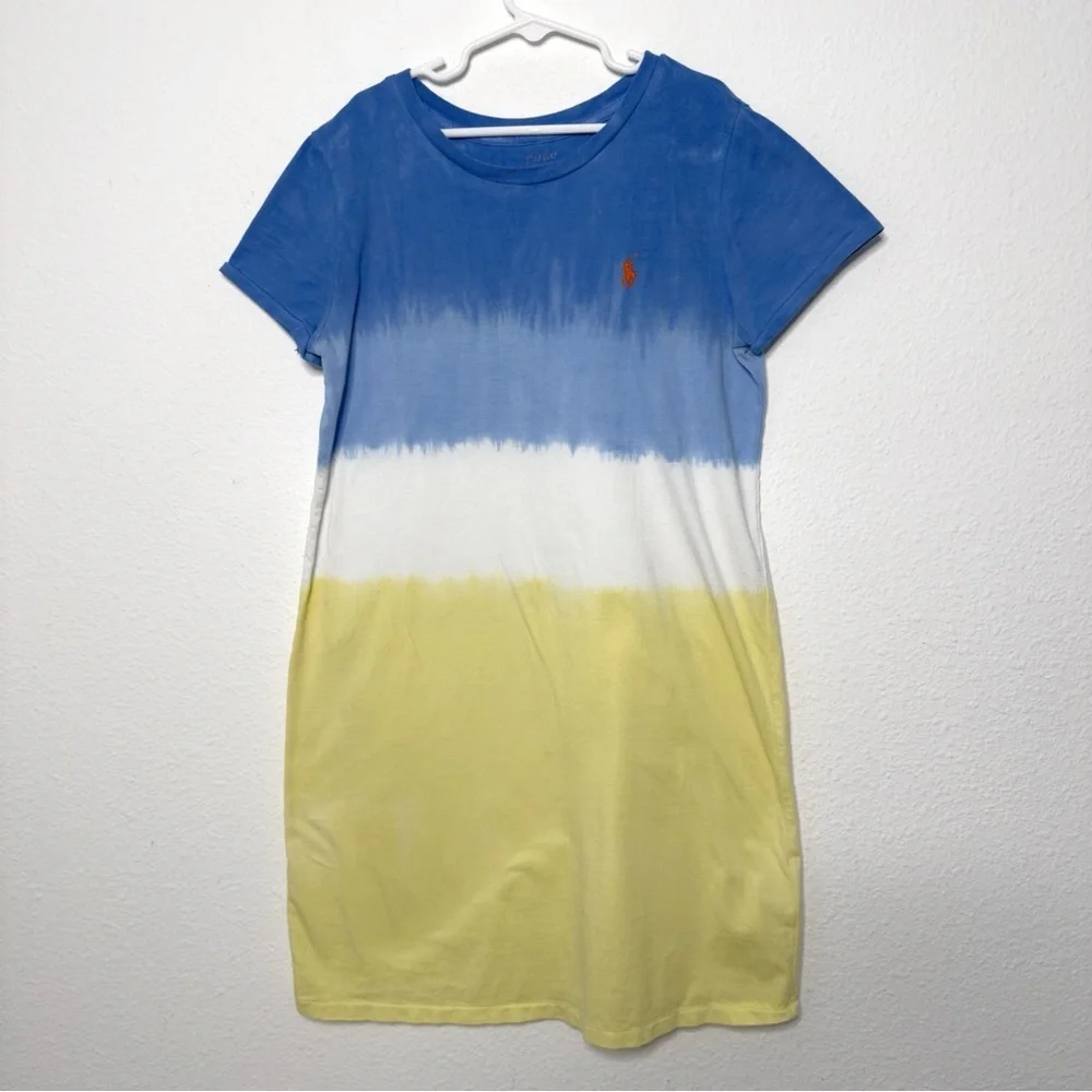 Polo Ralph Lauren Girls Ombre Jersey T-shirt Dress size large blue white yellow